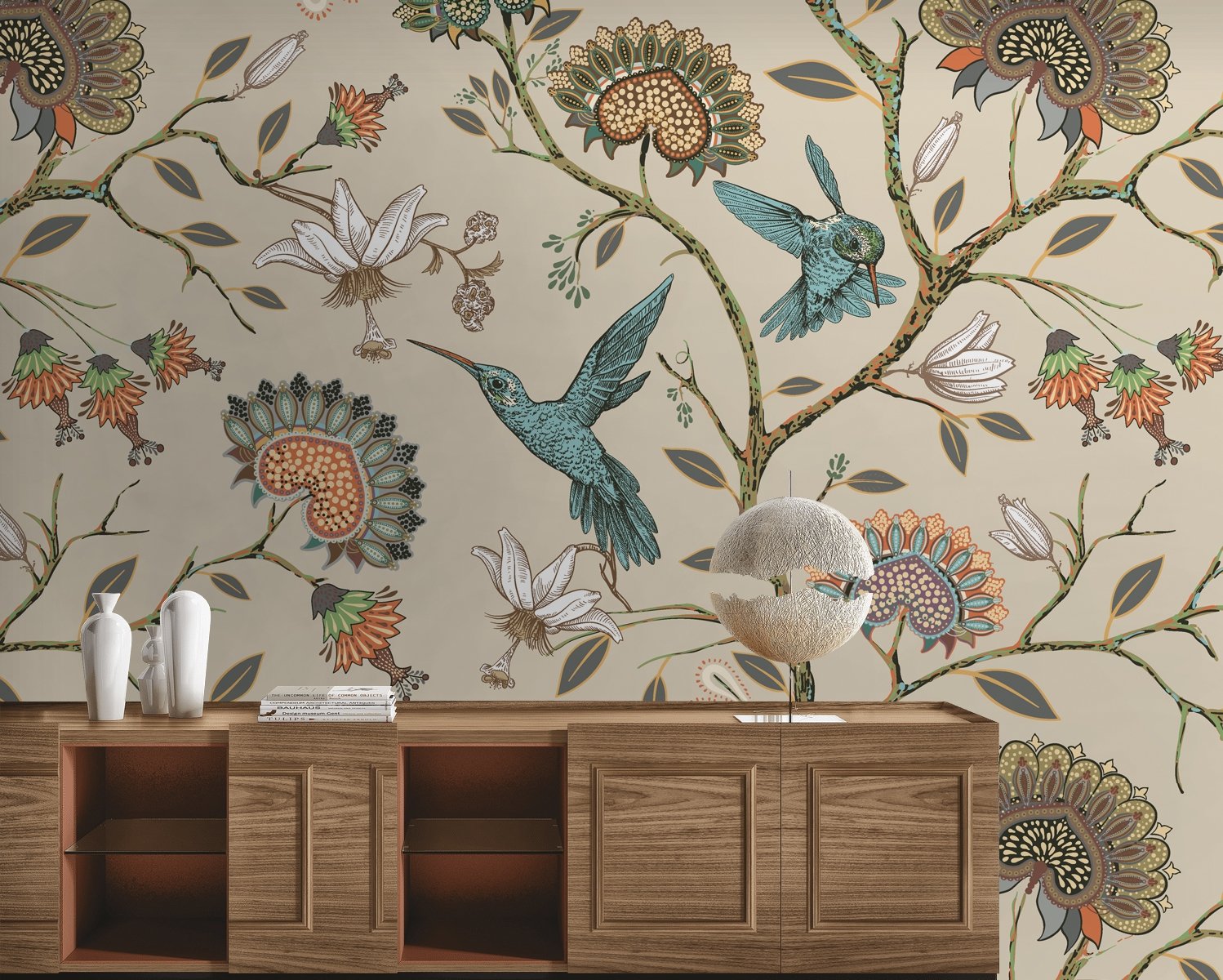 Vintage Flower with Hummingbird Wallpaper Mural - Peel and Stick