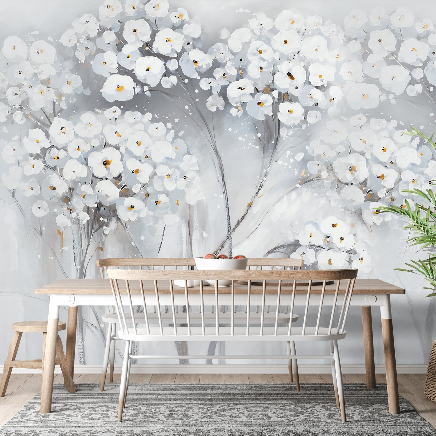 Watercolor Painting White Flowers Wallpaper Mural - Peel and Stick