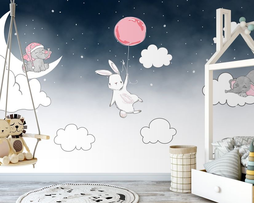 Cartoon Nightscape with Rabbit and Elephant Wallpaper Mural