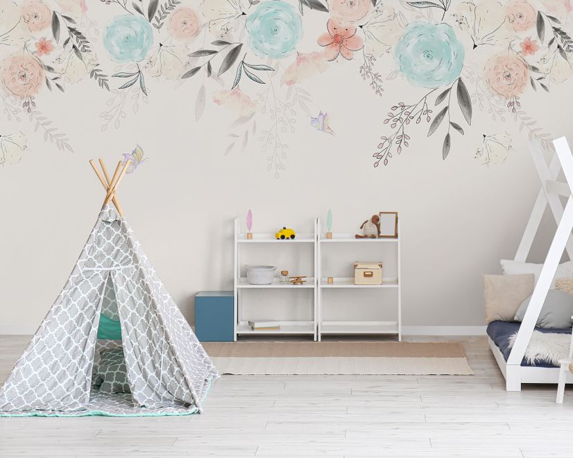 Vintage Soft Blue Vine Flowers Wallpaper Mural