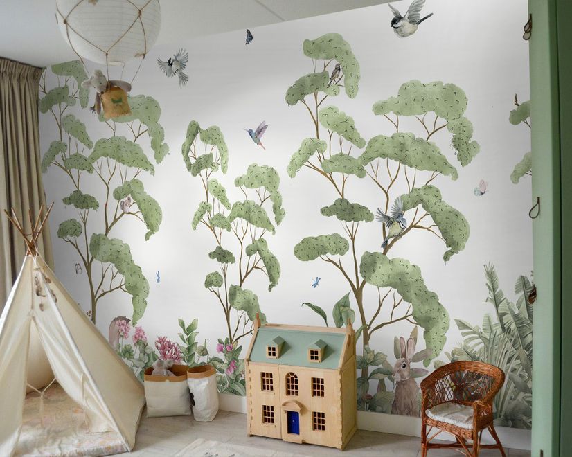 Kids Tropical Forest with Cute Rabbits Wallpaper Mural