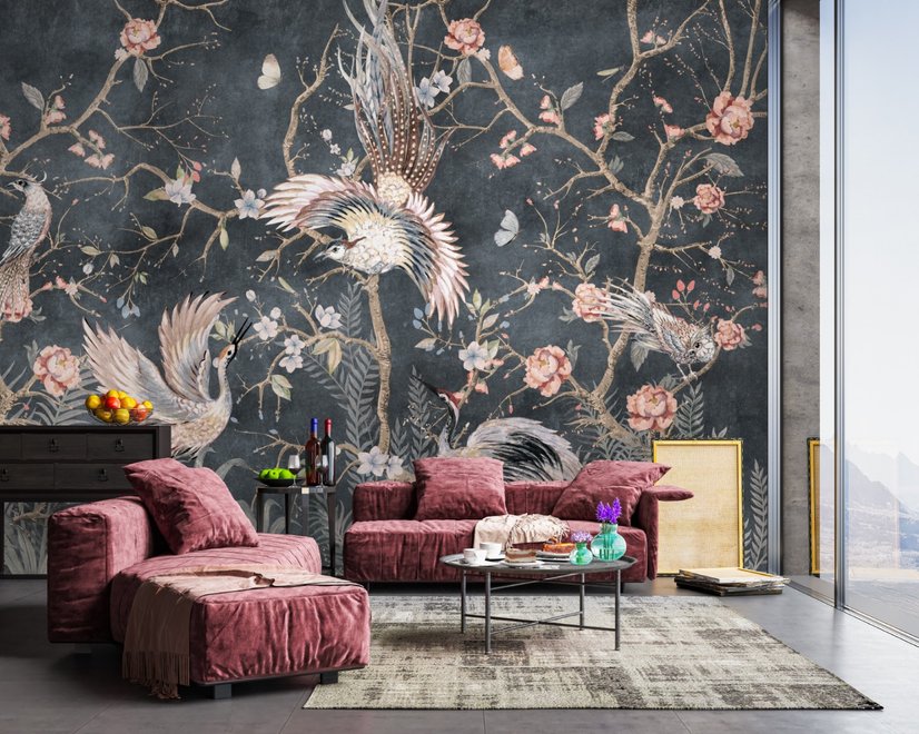 Papier peint panoramique Chinoiserie Fleur de Pivoine avec Oiseaux Chinois