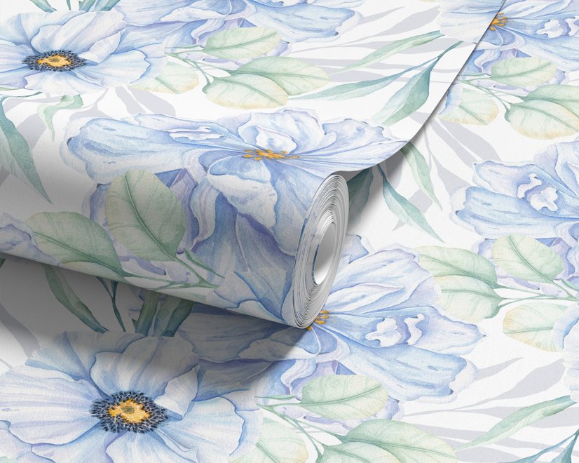 Blue floral wallpaper with watercolour anemone blooms, mint sage leaves and yellow ochre centres on white