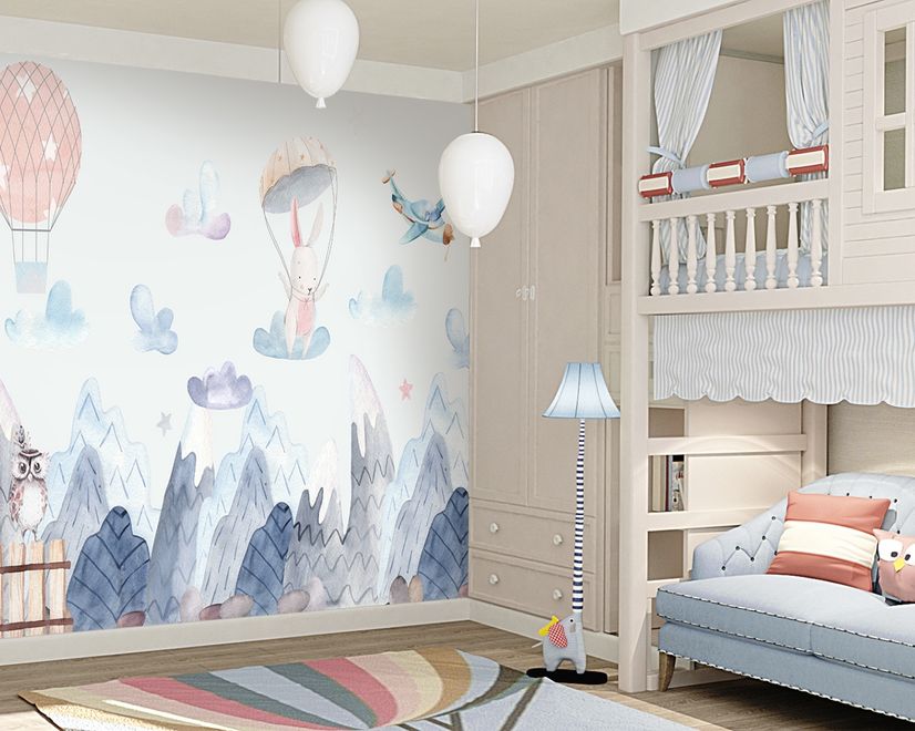 Watercolor Style Kids Landscape with Cute Bunny Wallpaper Mural