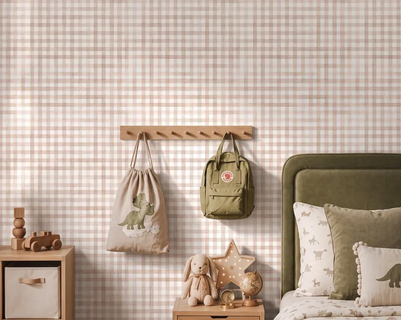 Soft brown wallpaper with pale beige gingham checks on a warm cream off-white ground