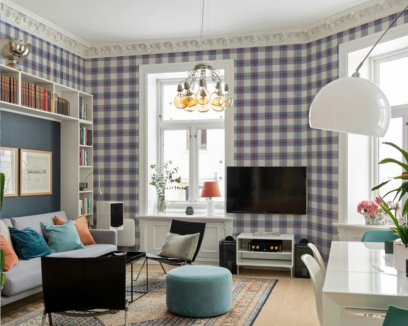 Blue and red plaid wallpaper with denim blue, cream and sky blue woven checks and fine red stripes