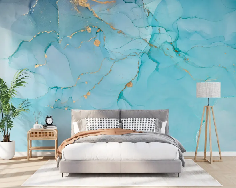 Light Blue Marble with Gold Look Splash Wallpaper Mural