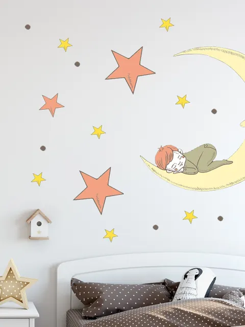 Nursery Smiling Moon with Orange and Yellow Stars Wall Decal Sticker