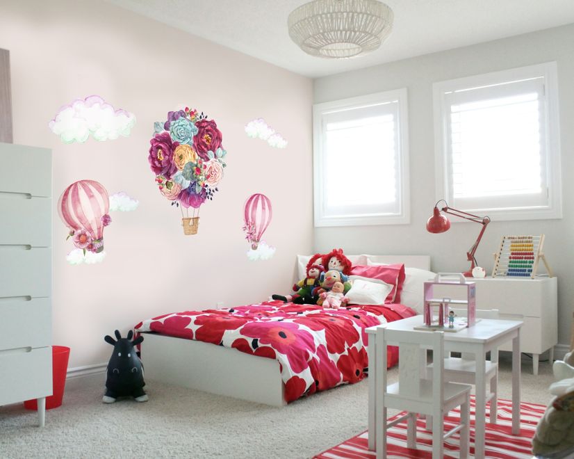 Colorful Floral Bouqet Hot Air Balloon and Pink Clouds Wall Decal Sticker