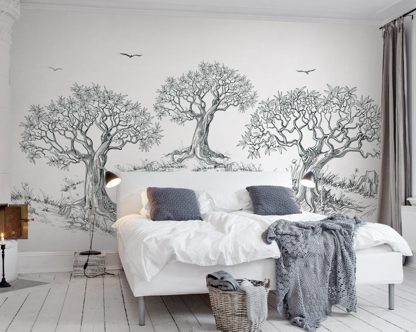 Papier peint panoramique dessin d’arbres au fusain