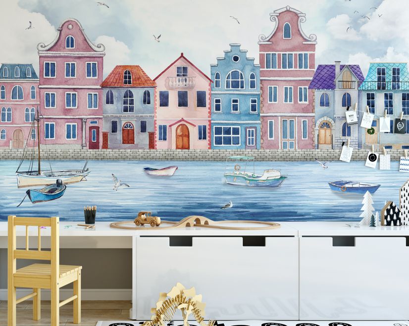 Aquarell-Fototapete Niederländische Häuser für Kinder