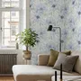 Blue floral wallpaper with watercolour anemone blooms, mint sage leaves and yellow ochre centres on white