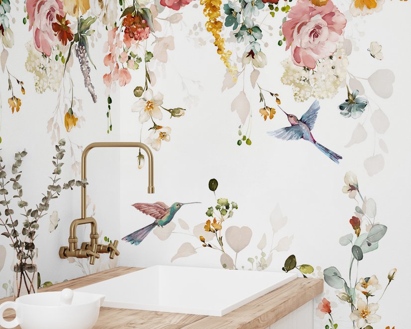 Watercolor Soft Floral with Birds Wallpaper Mural
