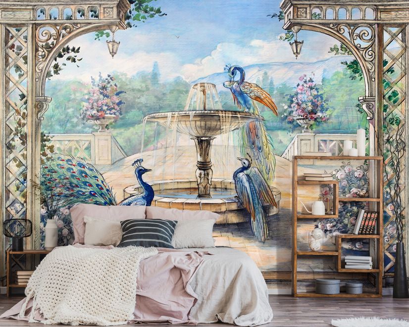 Painting Garden with Fountain, Peacock and Roman Column Wallpaper Mural