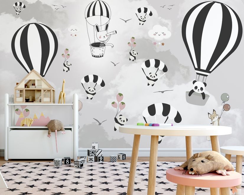 Hot Air Balloon with Cartoons Animals Kids Nursery Wallpaper Mural