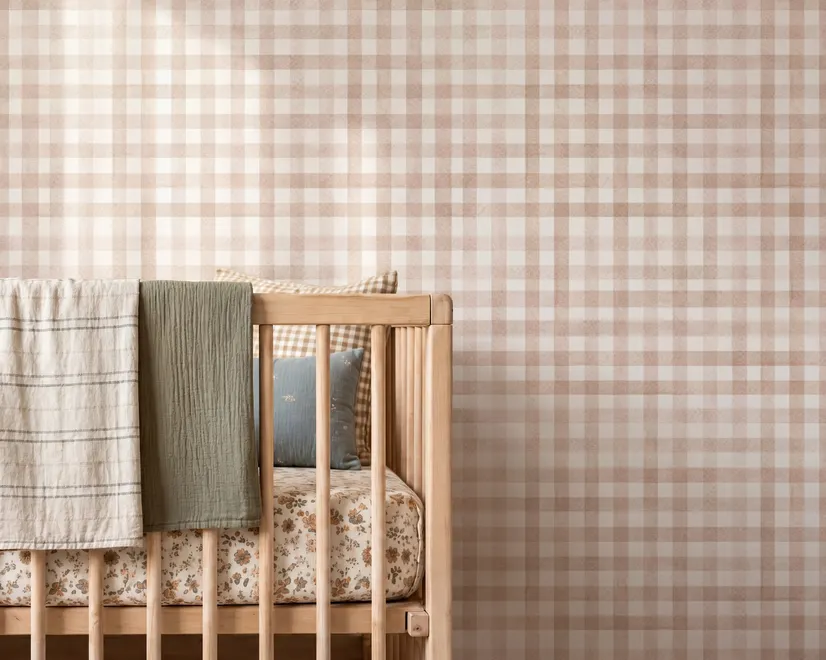 Soft brown wallpaper with pale beige gingham checks on a warm cream off-white ground