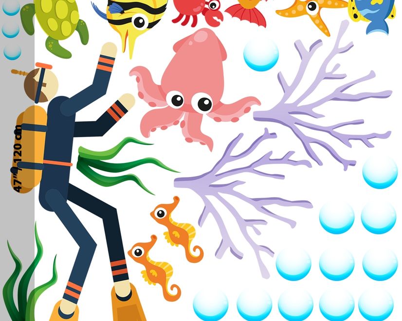 Kids Cartoon Sea Underwater with Fish Man Wall Decal Sticker