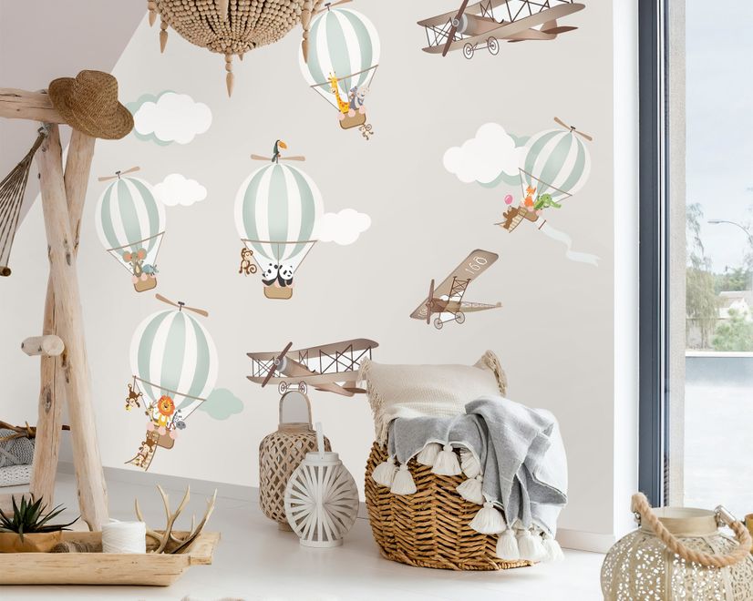 Kids Green Hot Air Balloon and Brown Aircraft with Clouds Wall Decal Sticker