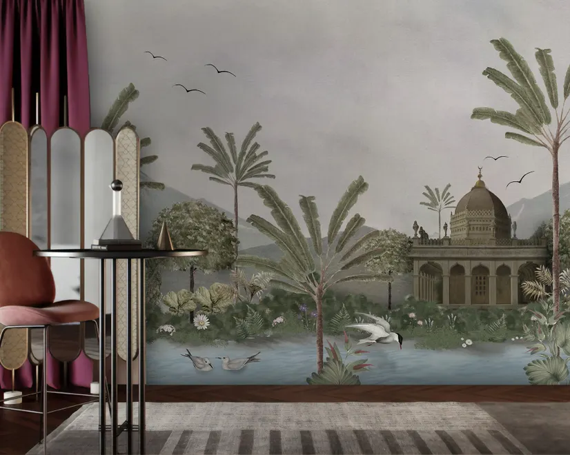 Vintage River Landscape with Mosque Historical Art Wallpaper Mural
