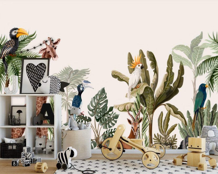 Watercolor Jungle and Safari Animals Wallpaper Mural