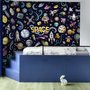 Kids Cartoon Space with Astronaut and Colorful Planets Wallpaper Mural