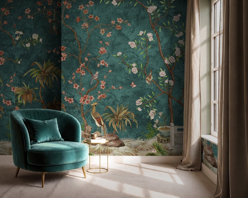 Floral wallpaper with birds in a teal chinoiserie garden with blossoms, pheasant, palms and stone railings