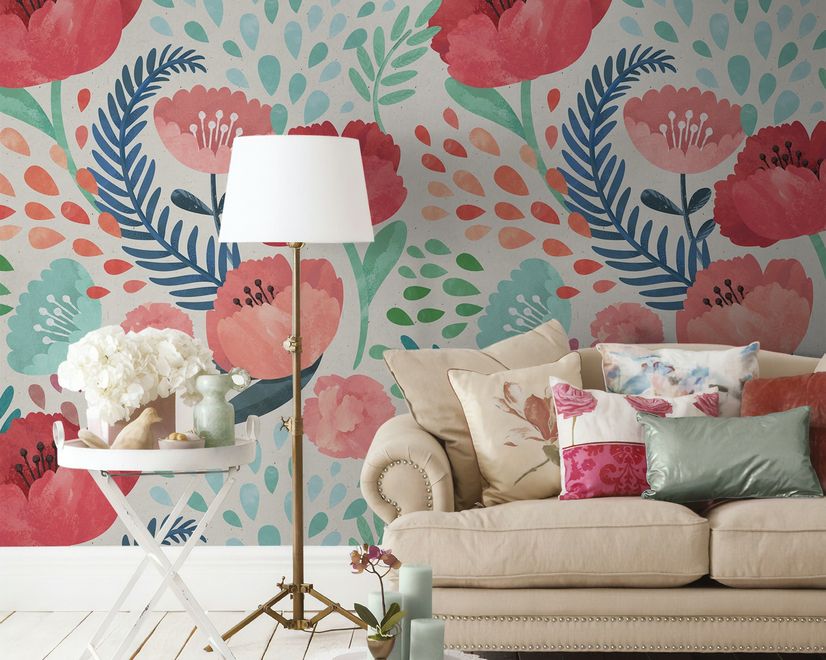 Watercolor Corn Poppy Floral Wallpaper Mural