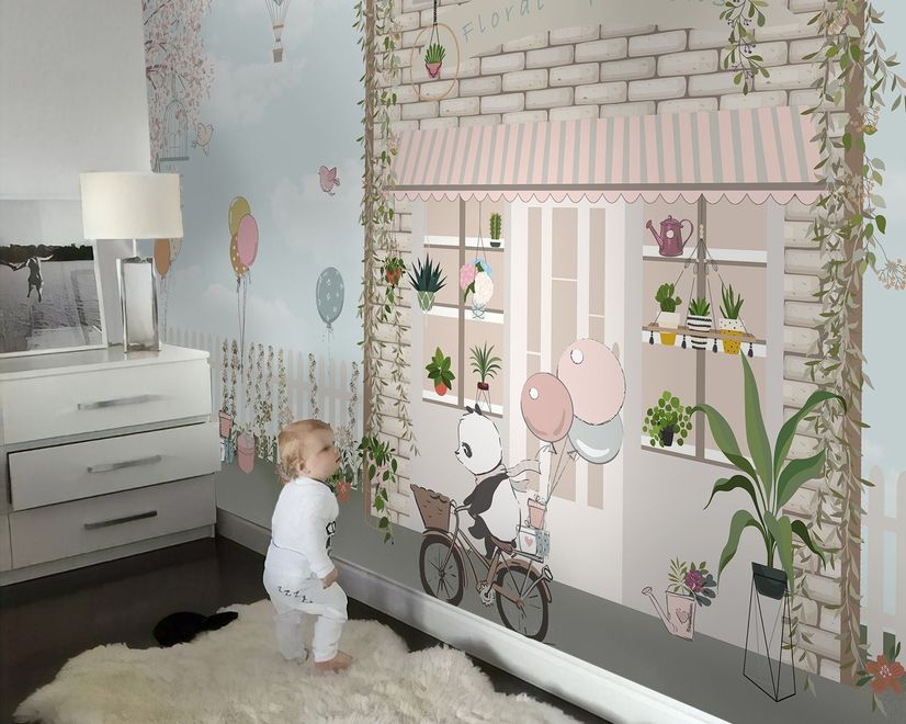 Panda Bear with Balloons  in front of Floral Garden Home Kids Wallpaper Mural