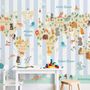 Kids Animals World Map with Stripe Pattern Wallpaper Mural