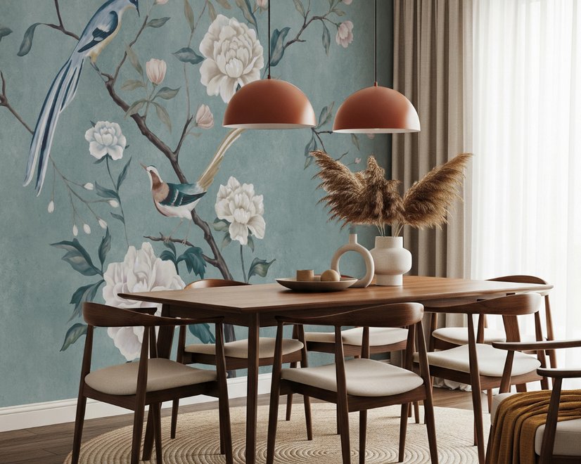 Vintage Pfingstrose Floral und Schwalben Fototapete