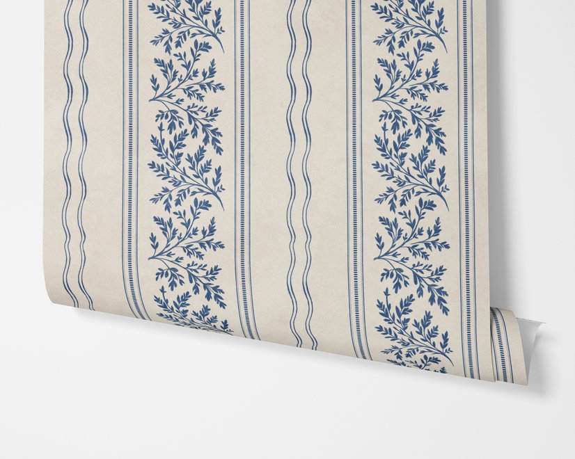 Blue wallpaper with indigo botanical stripework, pinstripes and dotted borders on warm cream parchment