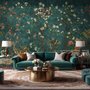 Floral wallpaper with birds in a teal chinoiserie garden with blossoms, pheasant, palms and stone railings