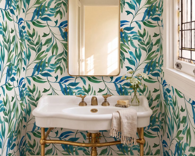 Dark olive green wallpaper with teal and cobalt watercolour lance leaves on a white ground