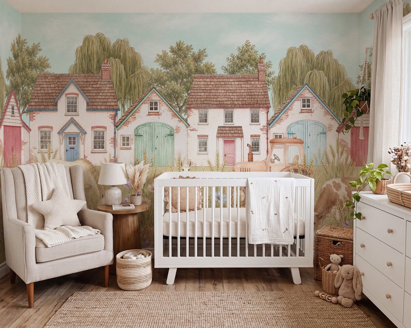 Watercolour rustic farmhouse wallpaper mural with horse, cow, llama, dog, tractor and cottage barns in a wheat meadow