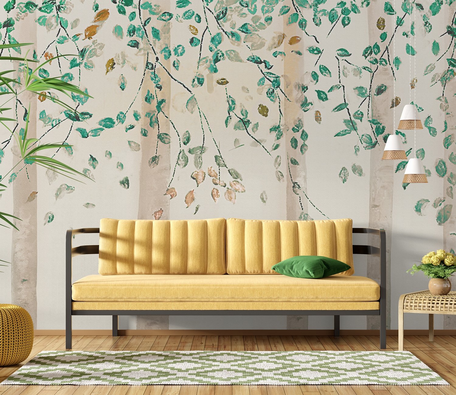 Watercolor Style Forest with Green Brown Little Leaves Wallpaper Mural - Peel and Stick