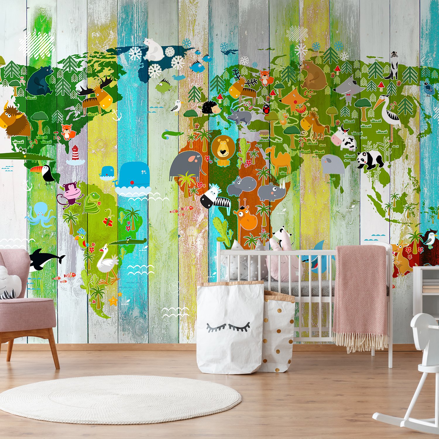 Kids World Map on the Colorful Wood Wallpaper Mural - Peel and Stick