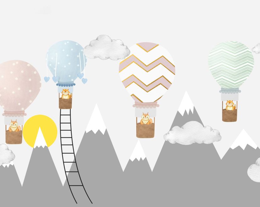 Papier peint panoramique montagne grise et montgolfière colorée pour enfants