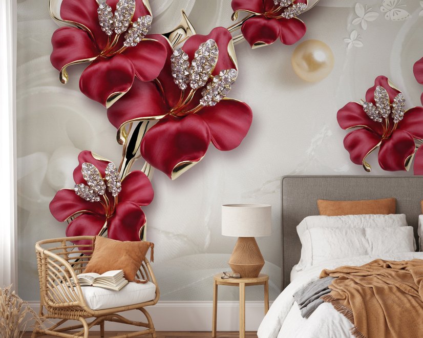 Crystal Red Floral Art Wallpaper Mural