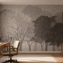Misty forest nature wallpaper mural in greige, taupe and charcoal watercolour with birds
