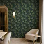 Dark green wallpaper with metallic antique-gold etched ginkgo leaves on a textured forest-green teal ground