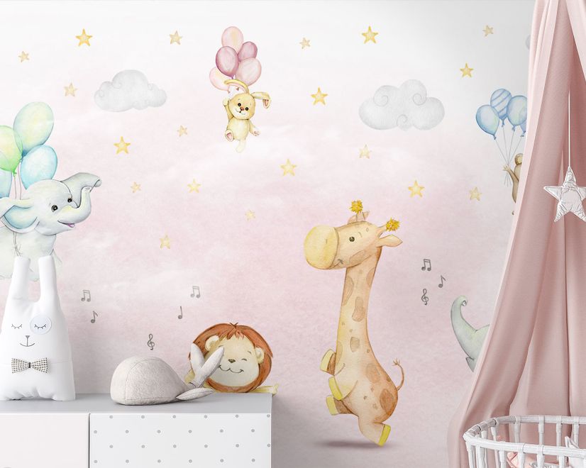 Kids Nursery Safari Animals Playing Wallpaper Mural