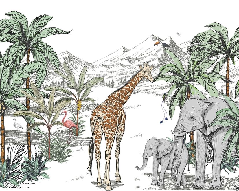 Papier peint animaux tropicaux avec montagne pour enfants