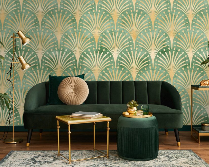 Moderne Eau De Nil Art Deco Goldene Linien Fototapete
