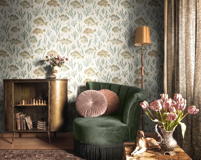 Watercolor fish wallpaper with grey-blue fish, seafoam seaweed, starfish and bubbles on warm cream
