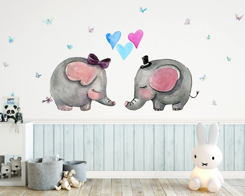 Papier peint panoramique éléphants amoureux dessinés