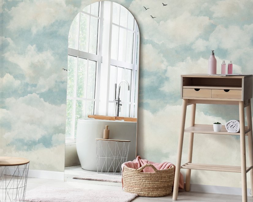 Abstract Clouds with Birds Wallpaper Mural