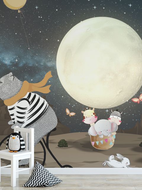 Cartoon Bear and Cute Rabbit with Moon Wallpaper Mural
