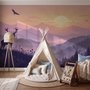 Stag mountain wallpaper with a navy deer silhouette, lavender pine ridges and a pale golden sun