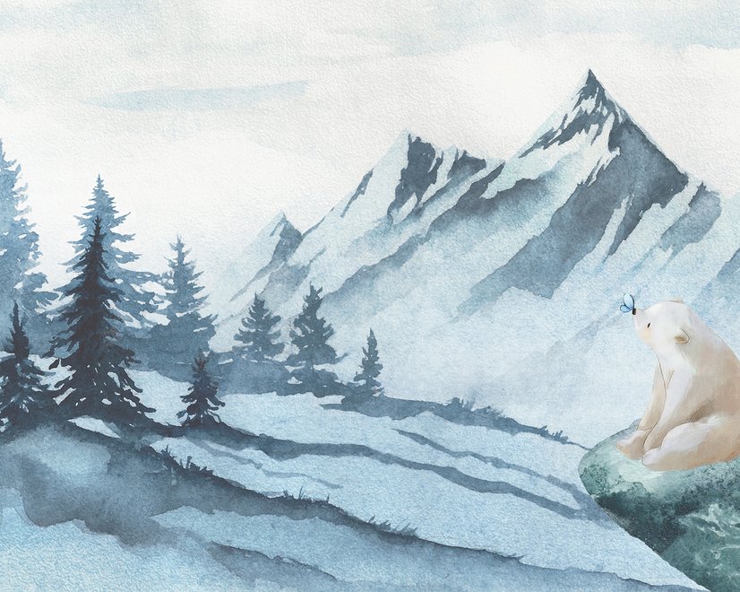 Kids Mountain Landscape with Cartoon Bear Wallpaper Mural