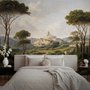 Vintage oil painting wallpaper of cypress trees, villas and a domed cathedral in an Italian landscape